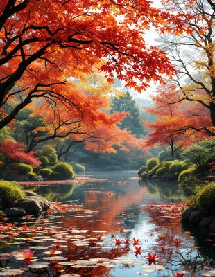 The primary subject of the image is a serene forest scene with a river flowing through it. The setting includes a variety of trees, rocks, and a pond. The visual style is a combination of photo and digital art, creating a realistic yet artistic representation of the forest. The colors and mood of the image are predominantly warm and inviting, with the red leaves of the trees adding a touch of vibrancy to the scene.
